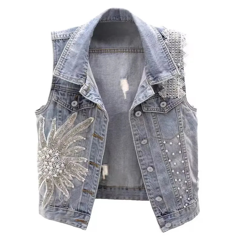 Denim Women Vest Luxury Pearl  Ripped  Jeans  Sleeveless Loose Short Coat
