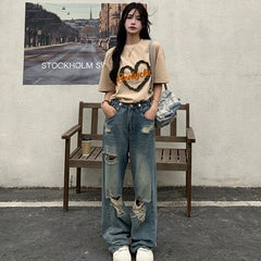 American Retro Hole-punched Jeans High Waist Straight-crotch Loose Slim Jean