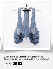 Lace Beaded Denim Vest Cardigan  Sleeveless Jacket