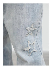 Embroidered Straight-leg Pants Button Pocket Washed Trousers