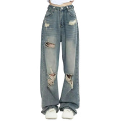 American Retro Hole-punched Jeans High Waist Straight-crotch Loose Slim Jean