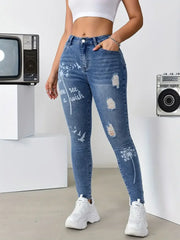 High Waisted Stretch Trousers Slim Fit Jeans Print Flower Pattern Wide