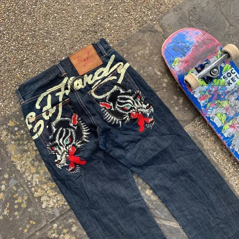 Retro Printed Denim Pants Men's Women's Hip Hop Punk  Wide Leg Pants