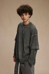 Dirty, dyed and worn fake two long-sleeved T-shirts