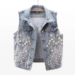 Lace Beaded Denim Vest Cardigan  Sleeveless Jacket