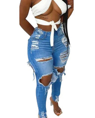 Denim Holes Jeans Washing Pencil Pants High Waist Zipper Fly Slim Fit