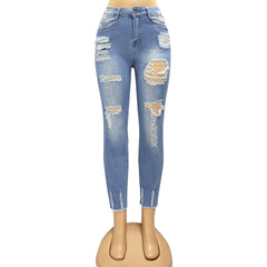 Denim Holes Jeans Washing Pencil Pants High Waist Zipper Fly Slim Fit