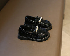 Leather Kids Black Loafers Slip-on Children