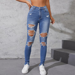 Hole Jeans  Ripped Skinny Raise Tail Push Up High Waist Denim Pants Trousers