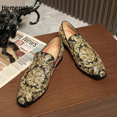 Men Gold Embroidery Loafers Round Toe Slip-On Flat Leisure Men Shoes