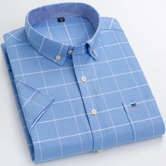 100% Pure Cotton  Oxford Short Sleeve Square Collar Solid Plaid Striped Shirt