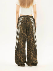 Side Spliced Striped Leopard Print Straight Pants