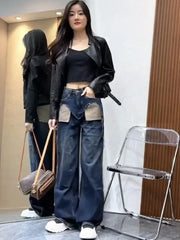 Straight-leg Jeans Women's High-waisted Slimming Loose-fit Bell Bottoms Pocket Outside Sewn