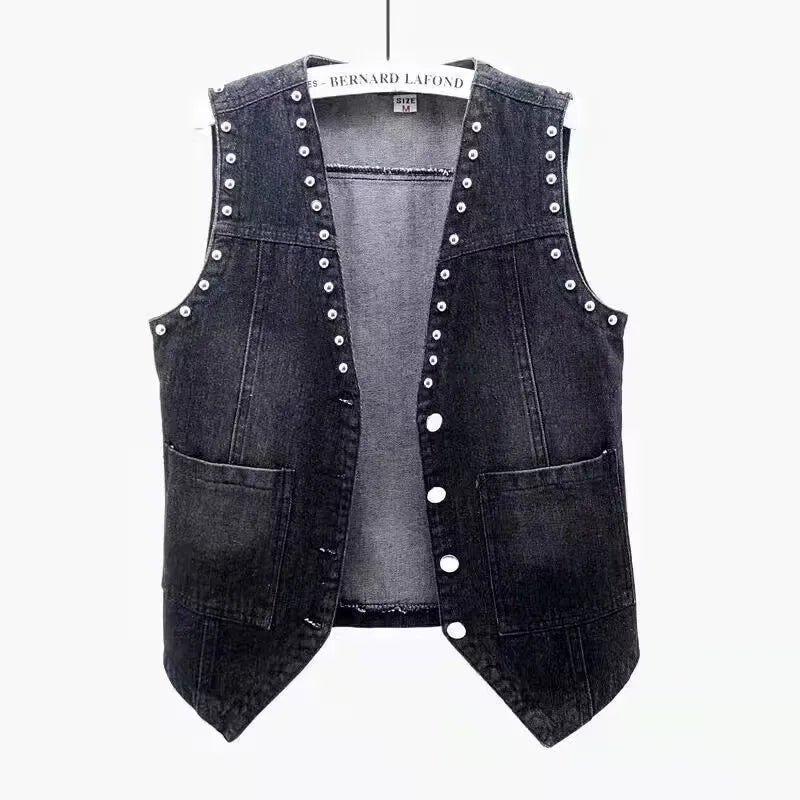 Denim Women Vest Luxury Pearl  Ripped  Jeans  Sleeveless Loose Short Coat