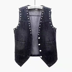 Denim Women Vest Luxury Pearl  Ripped  Jeans  Sleeveless Loose Short Coat