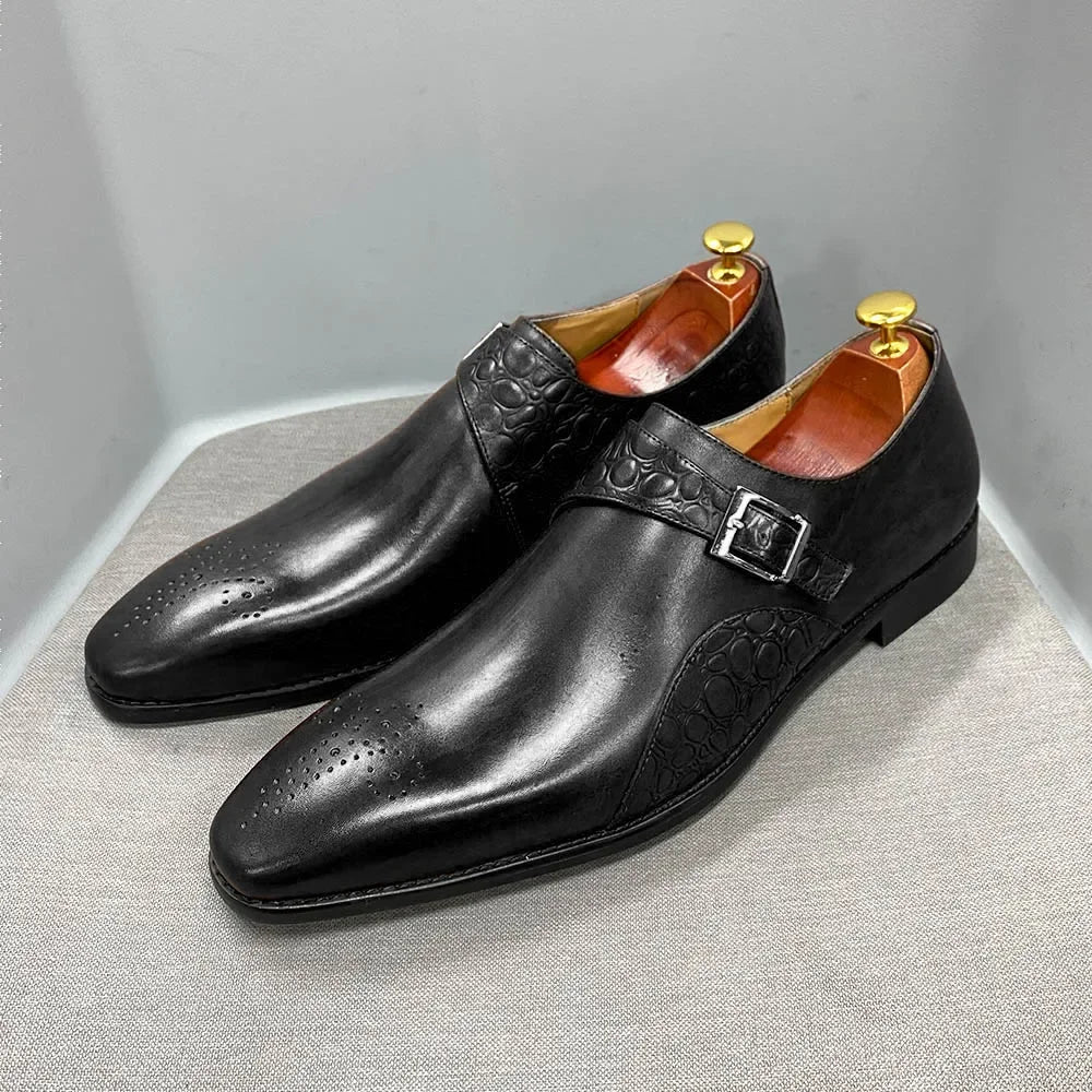 Luxury Alligator Print Handmade Genuine Calf Leather Monk Strap Shoes