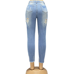 Denim Holes Jeans Washing Pencil Pants High Waist Zipper Fly Slim Fit