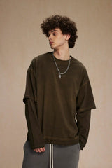 Dirty, dyed and worn fake two long-sleeved T-shirts