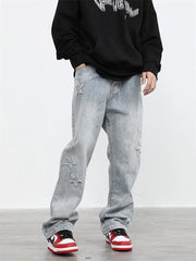 Embroidered Straight-leg Pants Button Pocket Washed Trousers