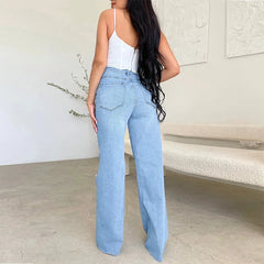 Long High Waist Ripped Frayed Comfortable Wide Leg Denim Pants