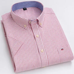100% Pure Cotton  Oxford Short Sleeve Square Collar Solid Plaid Striped Shirt