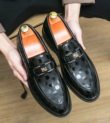 British Style New Emerald Pointed Leather Shoes Slip-On Loafer Black Hombre
