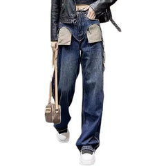 Straight-leg Jeans Women's High-waisted Slimming Loose-fit Bell Bottoms Pocket Outside Sewn