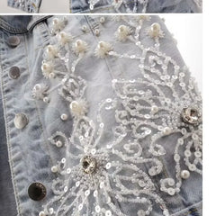 Denim Women Vest Luxury Pearl  Ripped  Jeans  Sleeveless Loose Short Coat