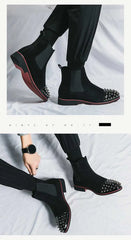 Handmade Chelsea Boots Flock Rivet Square Short Boots
