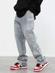 Embroidered Straight-leg Pants Button Pocket Washed Trousers