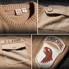 Military Sweater 100% Cotton Round Neck Tactical Knitted Pullover Vintage US Air Force Patch Casual Knitwear