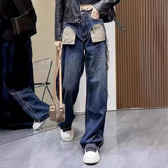 Straight-leg Jeans Women's High-waisted Slimming Loose-fit Bell Bottoms Pocket Outside Sewn