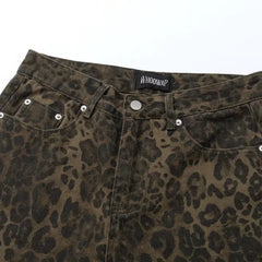 Baggy Leopard Print k Jeans Women High Waisted  Wide Leg Denim Pants