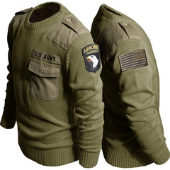 Military Sweater 100% Cotton Round Neck Tactical Knitted Pullover Vintage US Air Force Patch Casual Knitwear