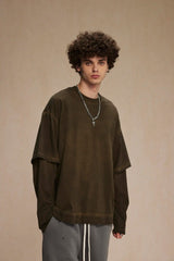 Dirty, dyed and worn fake two long-sleeved T-shirts