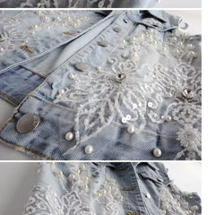 Denim Women Vest Luxury Pearl  Ripped  Jeans  Sleeveless Loose Short Coat