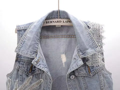 Denim Women Vest Luxury Pearl  Ripped  Jeans  Sleeveless Loose Short Coat