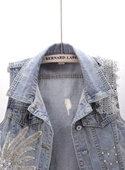 Denim Women Vest Luxury Pearl  Ripped  Jeans  Sleeveless Loose Short Coat