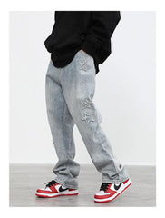 Embroidered Straight-leg Pants Button Pocket Washed Trousers