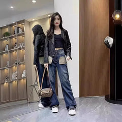 Straight-leg Jeans Women's High-waisted Slimming Loose-fit Bell Bottoms Pocket Outside Sewn