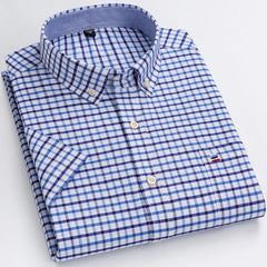 100% Pure Cotton  Oxford Short Sleeve Square Collar Solid Plaid Striped Shirt