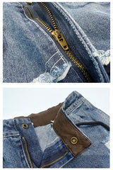 Patchwork Denim Shorts Multi Pockets Cargo
