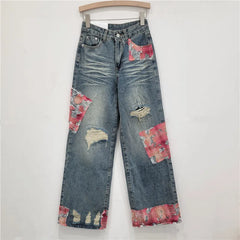 Handmade Lace Stitching Ripped Denim Coat American Style