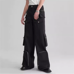 Zipper decorated straight leg pants casual three-dimensional pocket loose