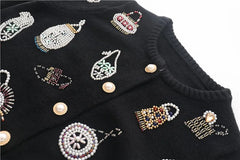 High Quality Autumn Winter Sweater Women Diamonds Pearls Beading Elegant Cardigan