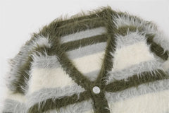 Striped Fleece-lined V-neck Sweater Jacket