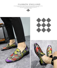 Embroidered Floral Loafers Men Smoking Slippers British Style