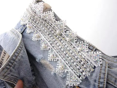 Denim Women Vest Luxury Pearl  Ripped  Jeans  Sleeveless Loose Short Coat