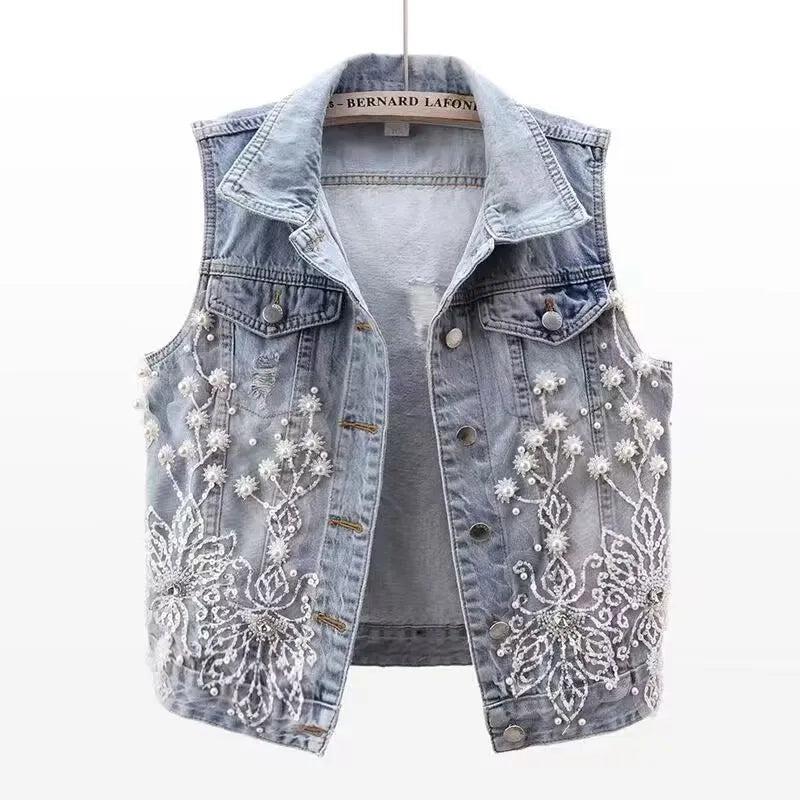 Denim Women Vest Luxury Pearl  Ripped  Jeans  Sleeveless Loose Short Coat