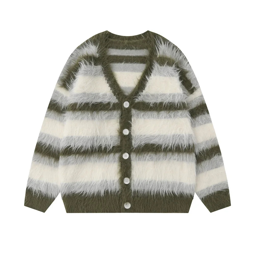 Striped Fleece-lined V-neck Sweater Jacket